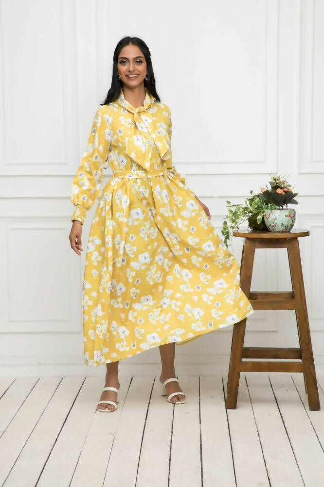Myshka Women Yellow-Floral Rayon A-Line Shirt Collar Dress | Grocsy