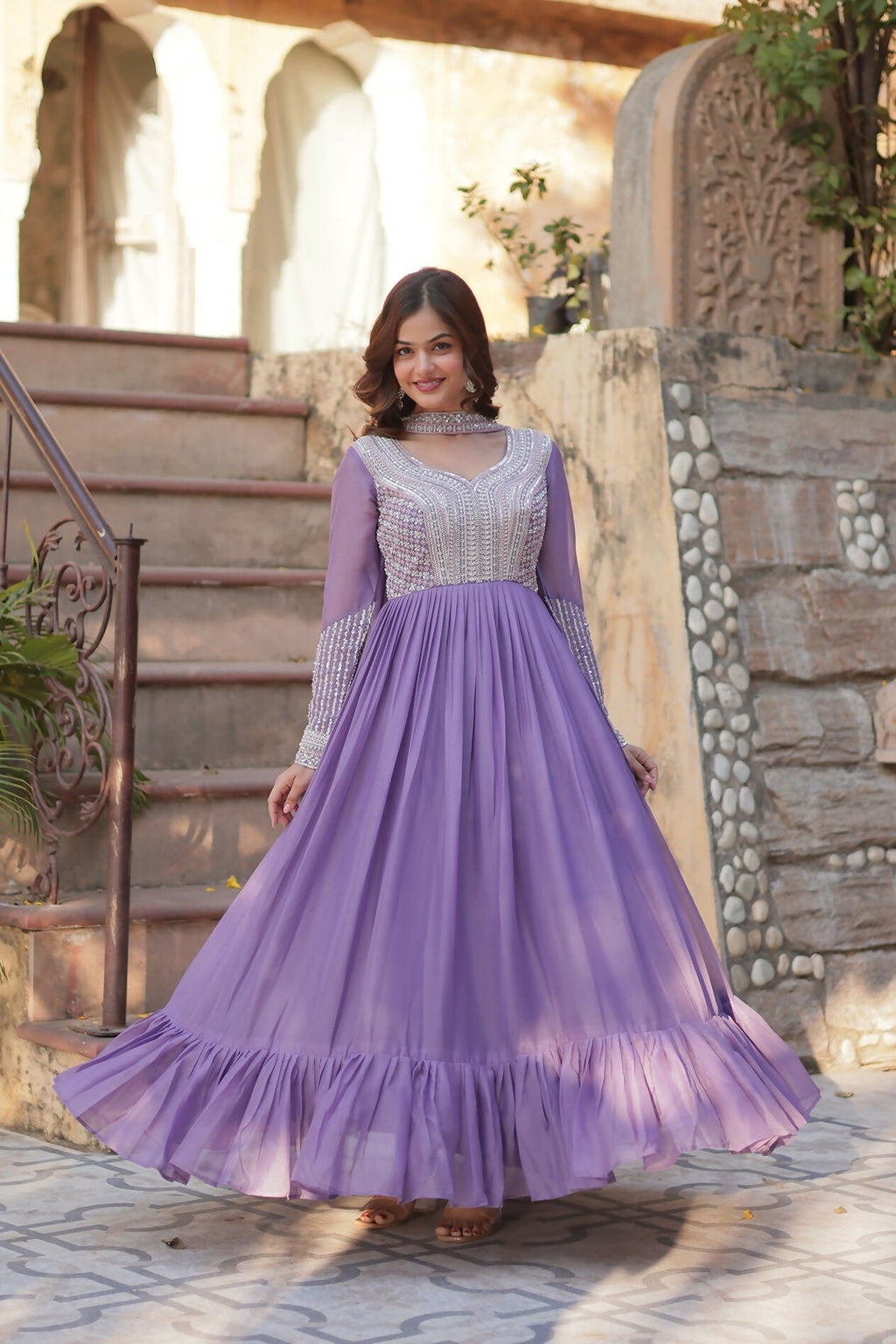 Joban Fashion Lavender Georgette Sequence Embroidery Work Kurta Set | Grocsy