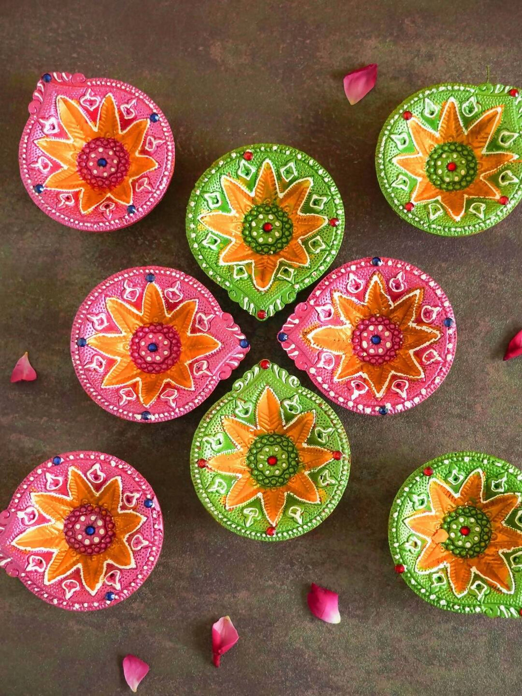 Tied Ribbons Green & Pink Set of 8 Terracotta Clay Diwali Diyas | Grocsy