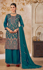 Anaita Blue Vichitra Silk Readymade Palazzo Suit with Embroidery & Lace Work | Grocsy