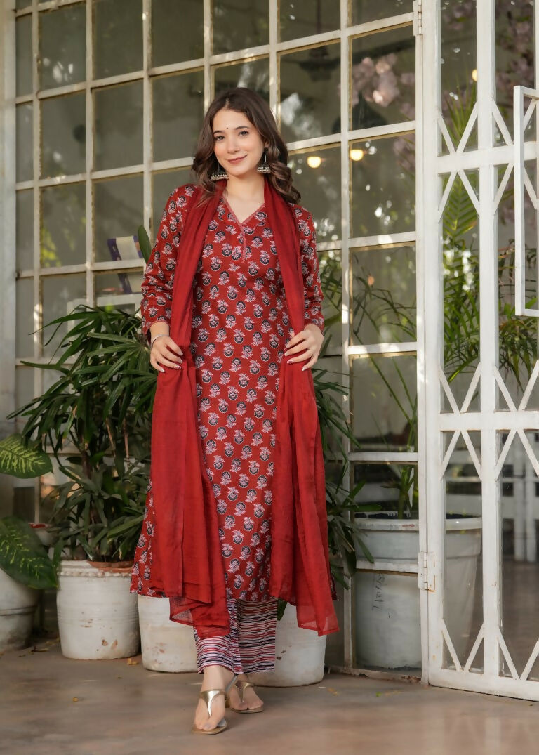 Red Pure Cotton Printed Anarkali Suit with Dupatta - Rashmika | Grocsy