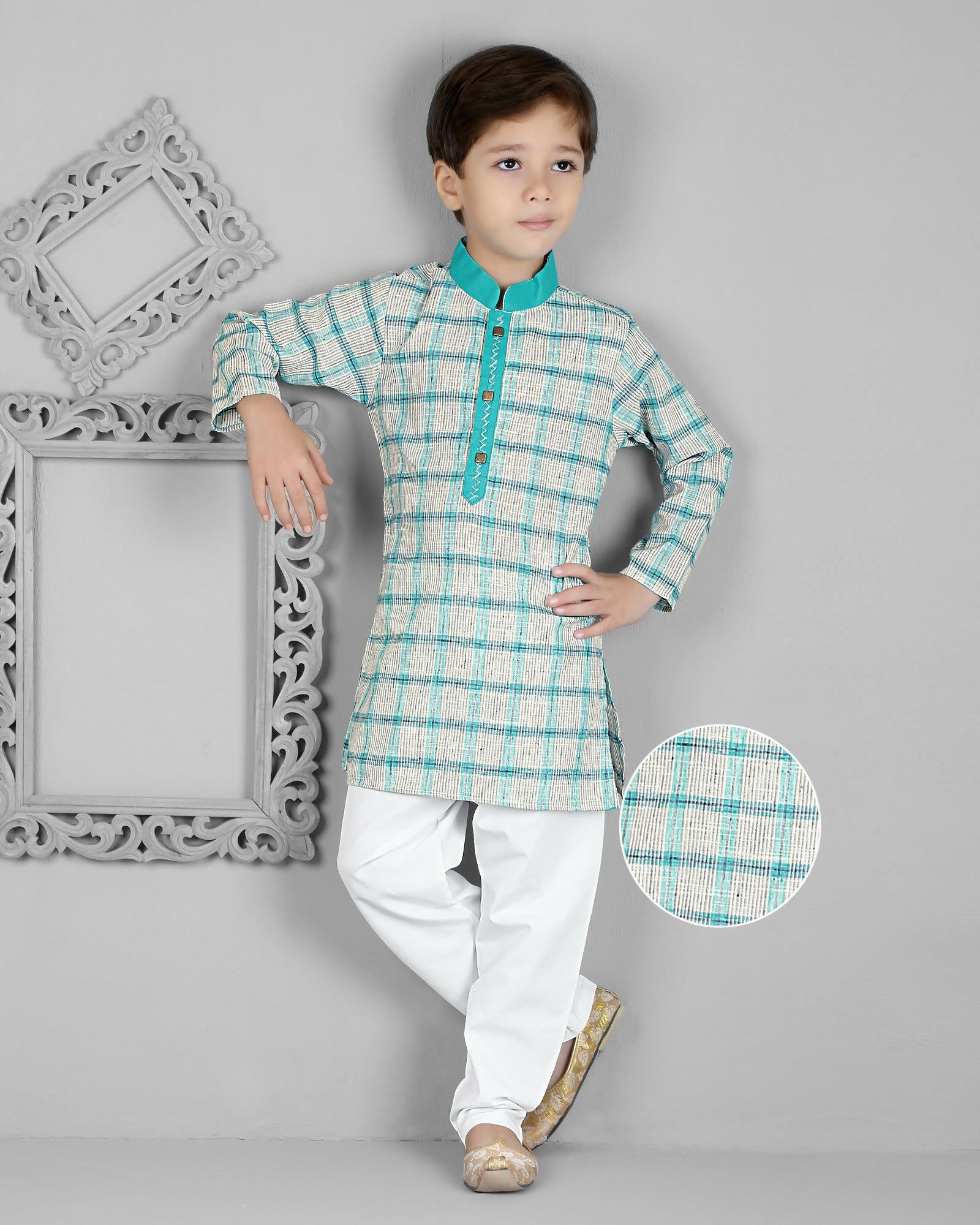 Joban Fashion Kids Island Cotton Full Sleeves Striped Kurta and Pyjama- Teal Blue | Grocsy