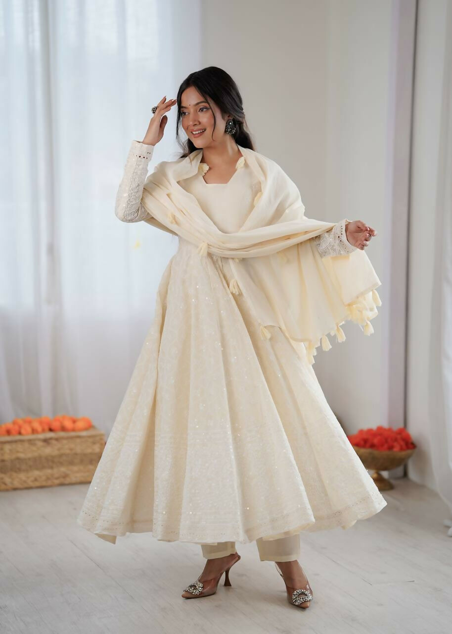 Teeya Creation Cream Kora Cotton Designer Embroidery Work long Gown | Grocsy