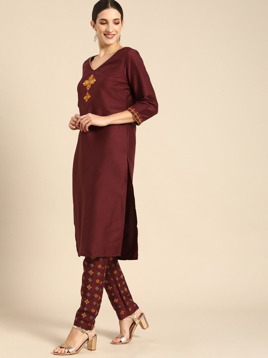 All About You Women Maroon Floral Yoke Design Regular Kurta with Trousers | Grocsy