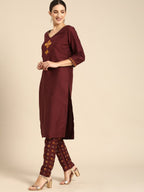 All About You Women Maroon Floral Yoke Design Regular Kurta with Trousers | Grocsy