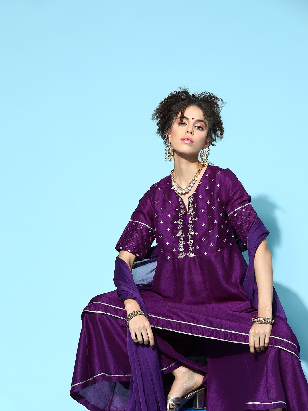 Sangria Women Purple & Silver Ethnic Motifs Gotta Patti Kurta with Palazzos & Dupatta | Grocsy
