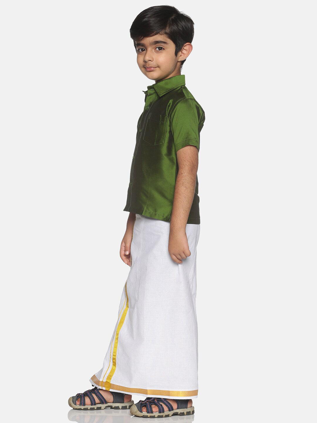 Sethukrishna Olive Green & White Solid Shirt and Veshti For Boys | Grocsy