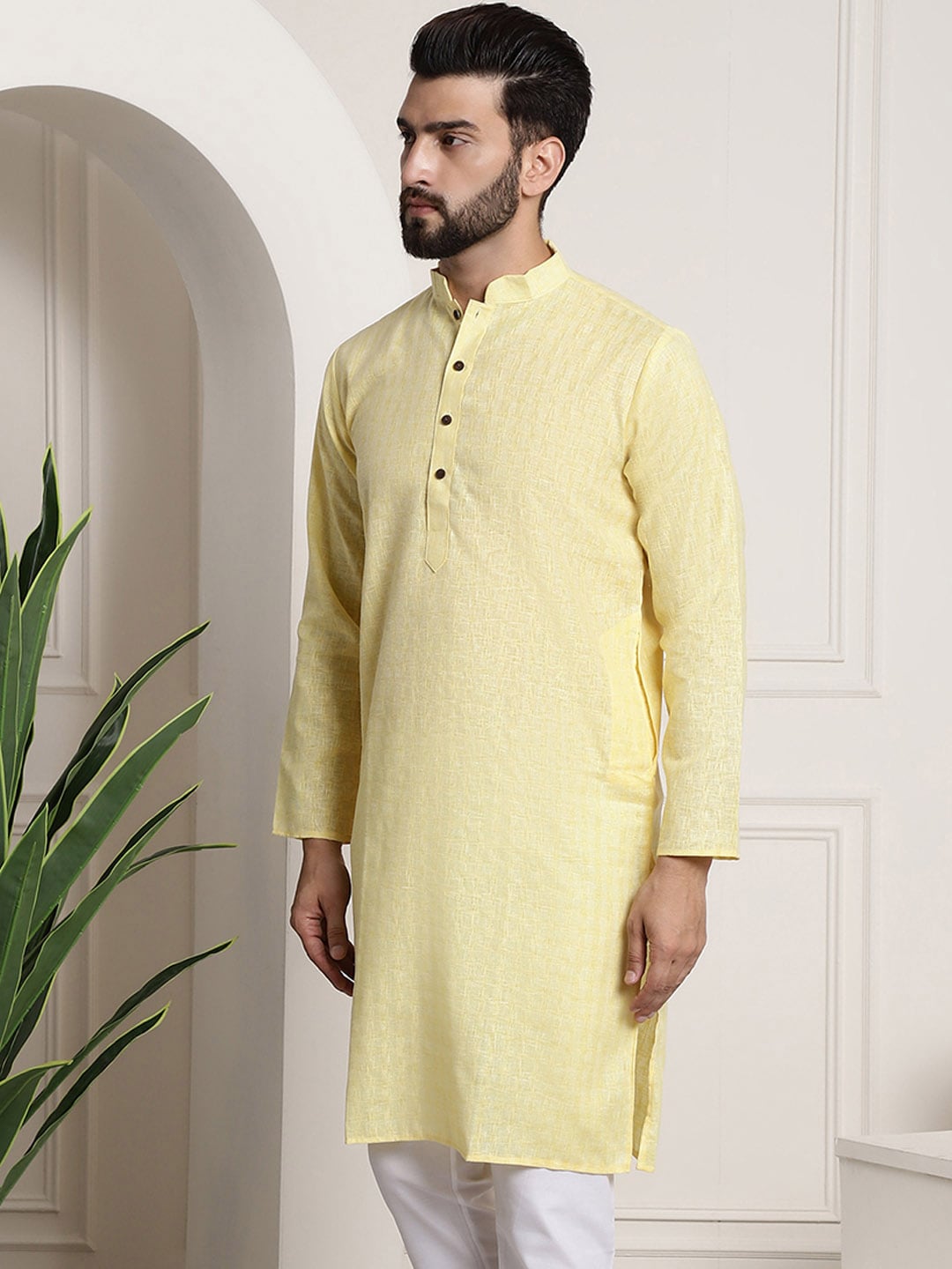 Sojanya Men Yellow Dobby Self-Checked Straight Kurta | Grocsy