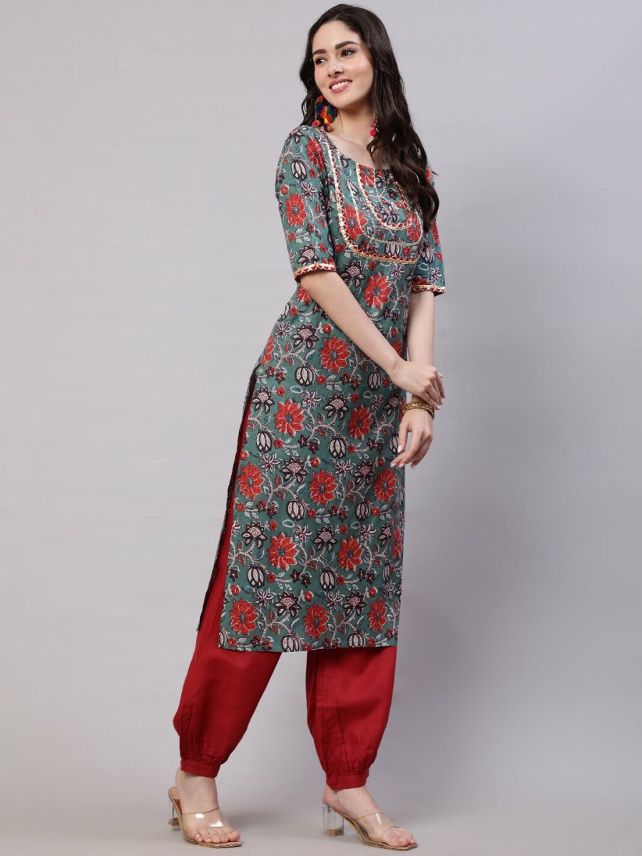Aks Floral Printed Regular Gotta Patti Kurta with Harem Pants | Grocsy