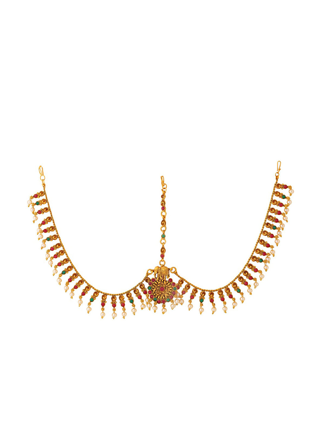 Yellow Chimes Women Gold-Polished,Maroon,Green White Pearl Hanging Bridal Mathapatti | Grocsy