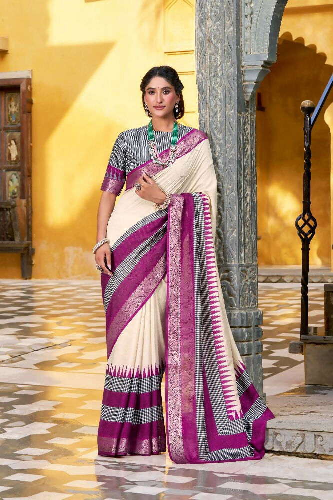 PR Fashion Owt Poly Cotton Printed With Zari Weaving Work Saree | Grocsy