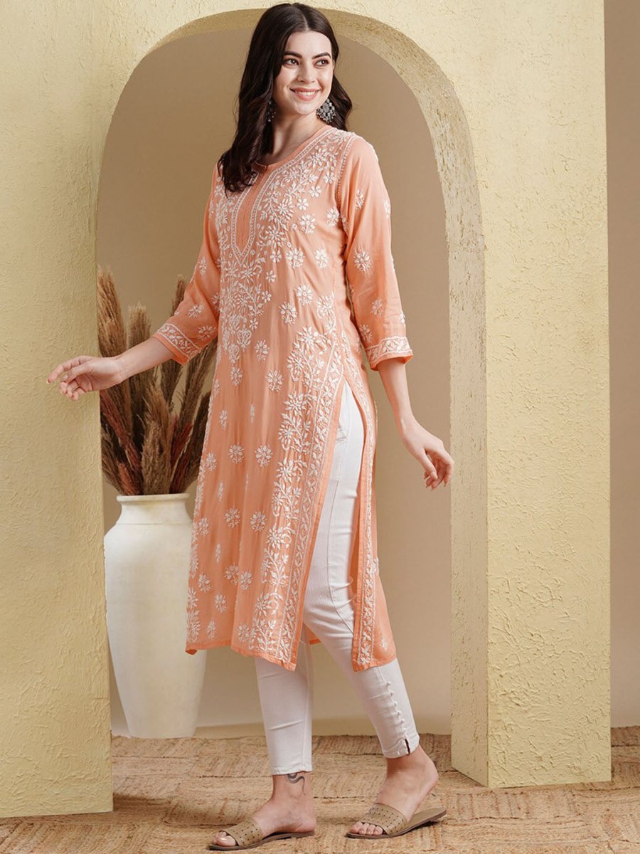 ADA Ethnic Motifs Embroidered Lucknowi Chikankari Detailed Modal Cotton Straight Kurta | Grocsy