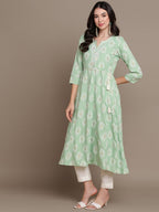 HERE&NOW Embroidered Ethnic Motif Printed Notched Neck A-Line Kurta | Grocsy