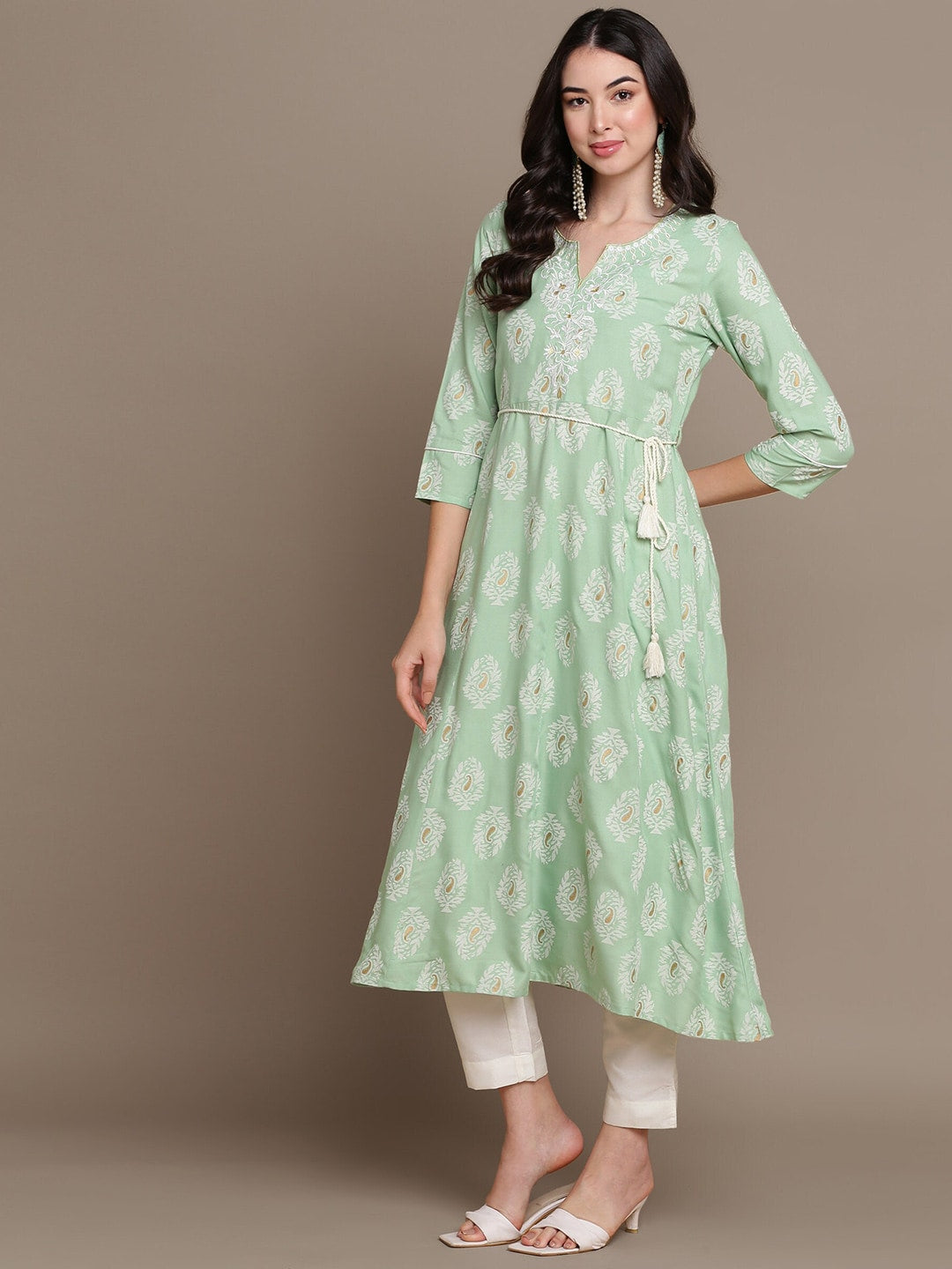 HERE&NOW Embroidered Ethnic Motif Printed Notched Neck A-Line Kurta | Grocsy