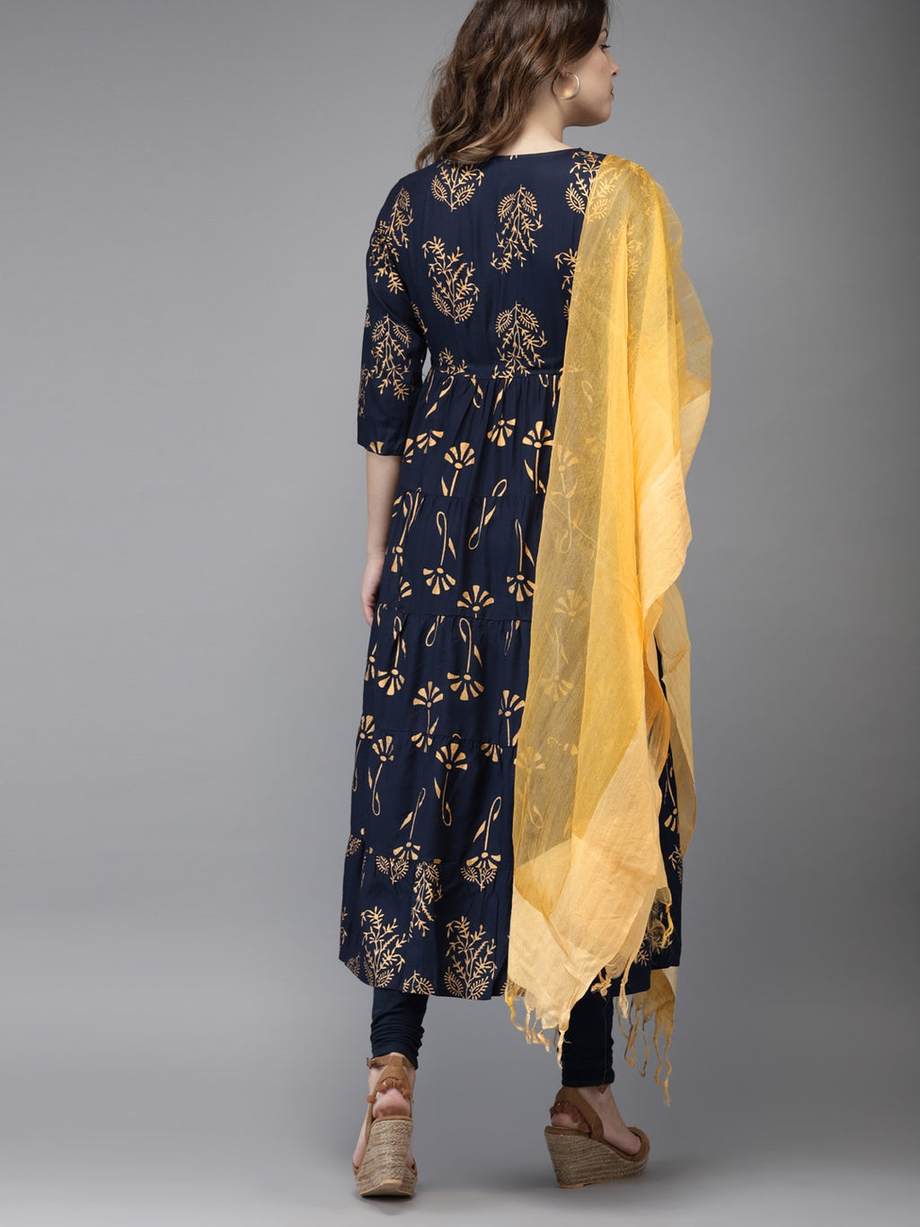 HERE&NOW Women Navy Blue & Gold-Toned Printed Kurta with Churidar & Dupatta | Grocsy