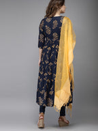 HERE&NOW Women Navy Blue & Gold-Toned Printed Kurta with Churidar & Dupatta | Grocsy