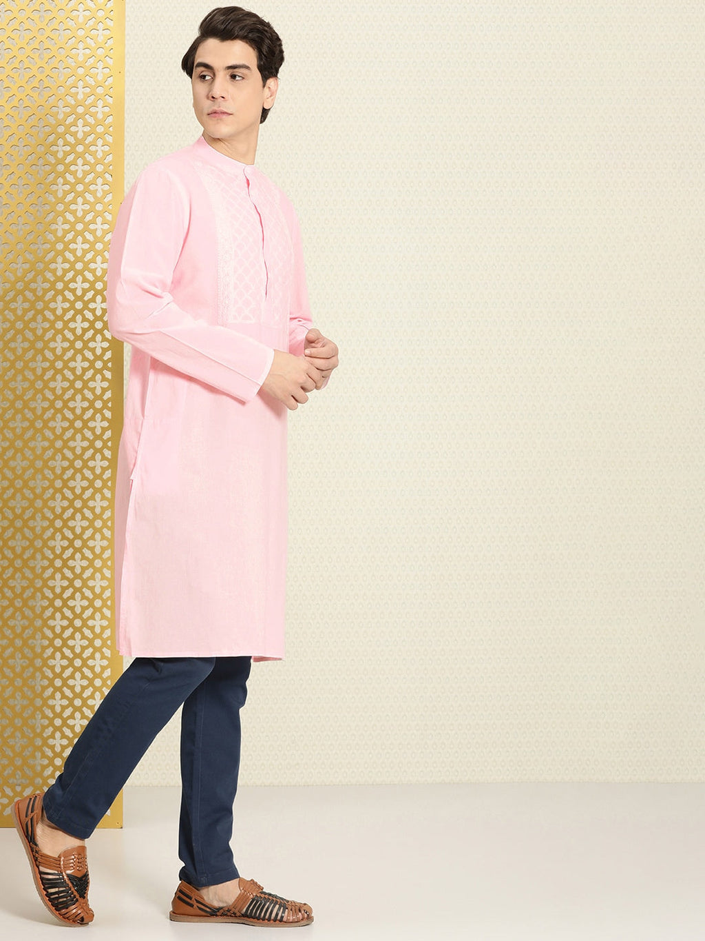 House of Pataudi Men Chikankari Yoke Design Pastels Pure Cotton Rozana Kurta | Grocsy