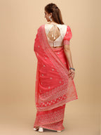 Sangria Rose & Gold-Toned Floral Chikankari Silk Blend Saree | Grocsy