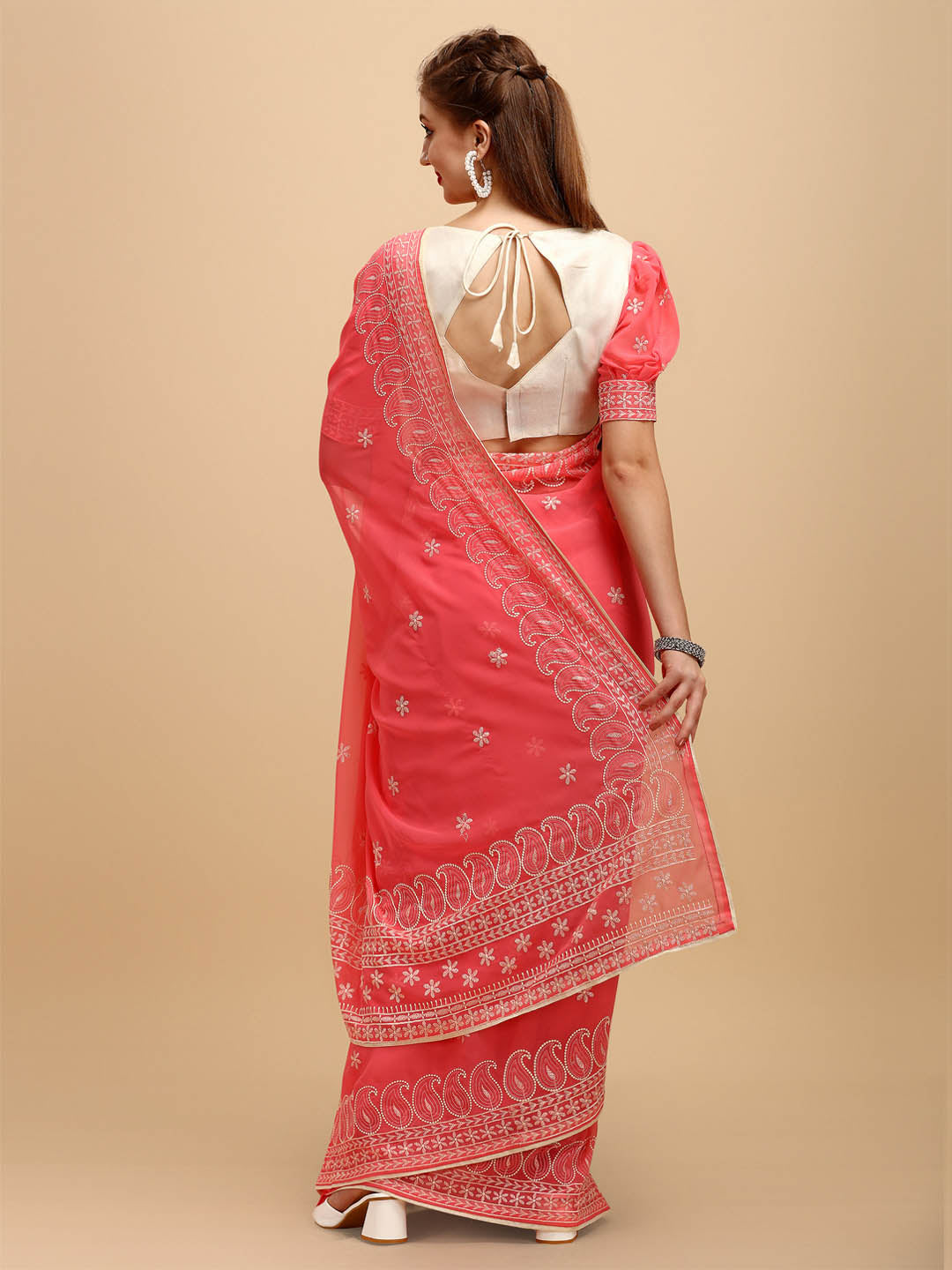 Sangria Rose & Gold-Toned Floral Chikankari Silk Blend Saree | Grocsy