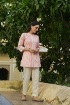 Juniper Women's Peach Cambric Placement Floral Printed Tunic | Grocsy