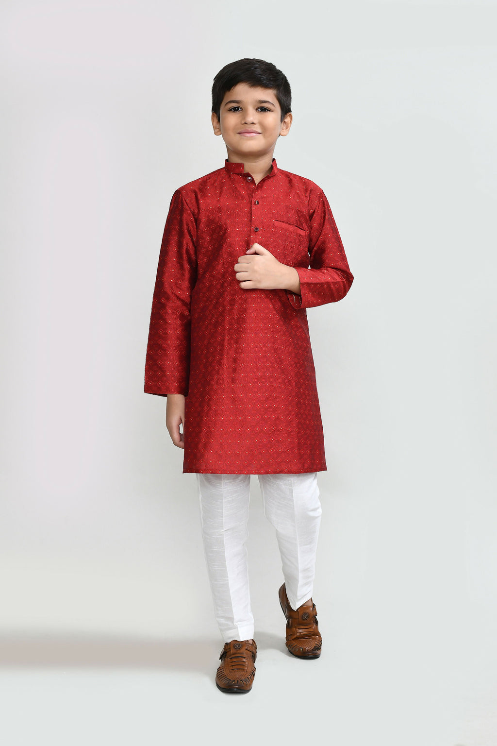 Joban Fashion Jacquard Silk Red Kurta With Straight Fit Pant | Grocsy