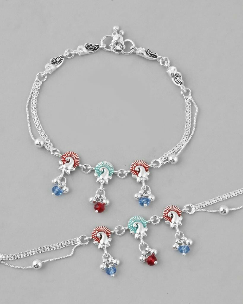 VOJ Set of 2 Silver Plated Peacock Shaped Multi Color Anklet | Grocsy
