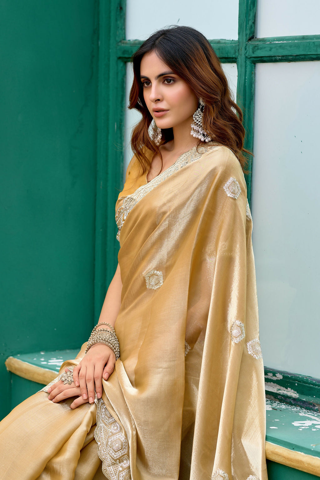 Vastranavya Beige Embroidery Work Shimmer Chiffon Saree with Unstitched Blouse | Grocsy