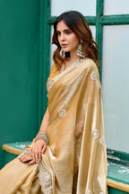 Vastranavya Beige Embroidery Work Shimmer Chiffon Saree with Unstitched Blouse | Grocsy