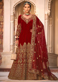 Maroon Velvet Front & Back Embroidery Wedding Anarkali Suit - Emponline | Grocsy