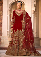 Maroon Velvet Front & Back Embroidery Wedding Anarkali Suit - Emponline | Grocsy