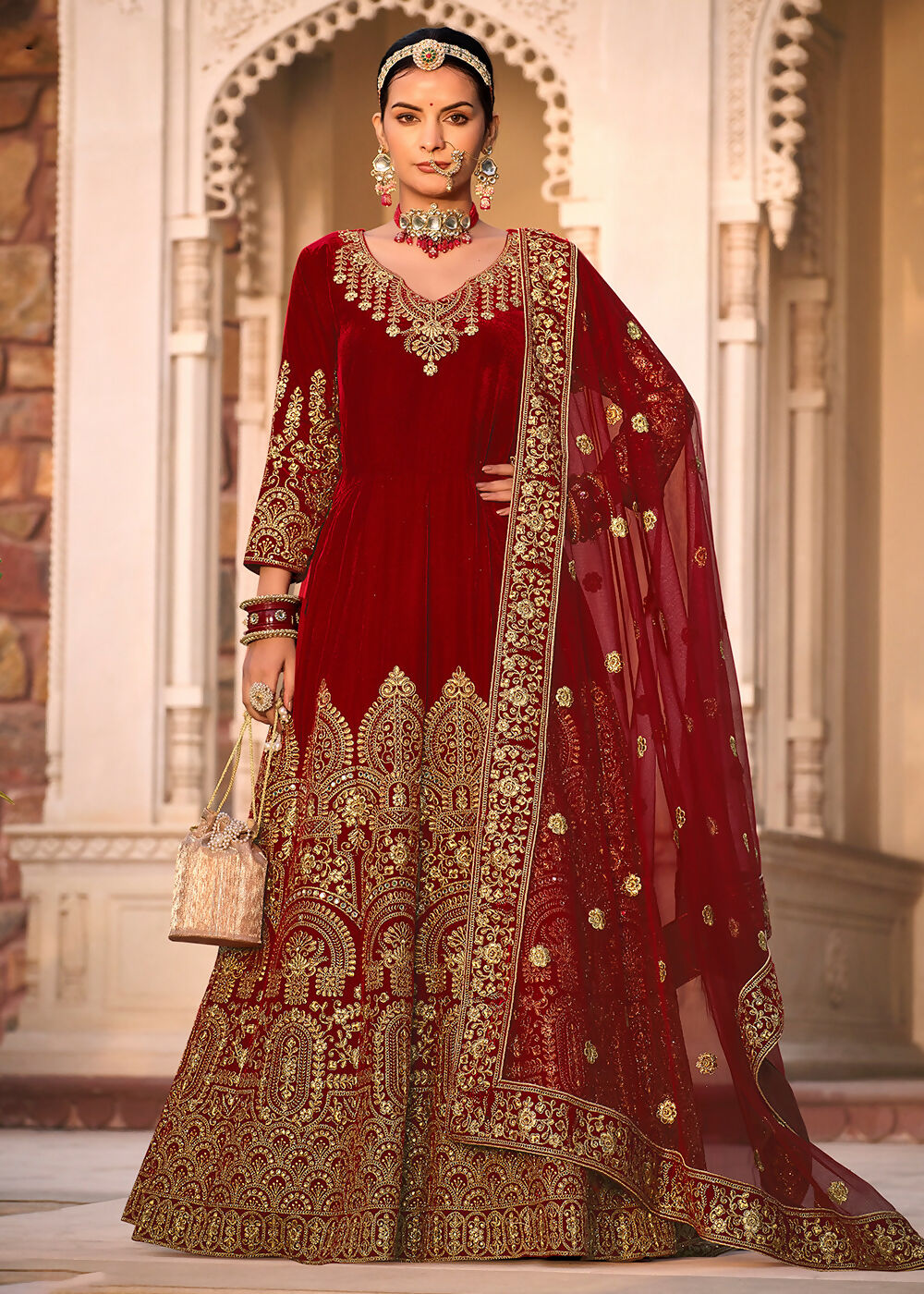 Maroon Velvet Front & Back Embroidery Wedding Anarkali Suit - Emponline | Grocsy
