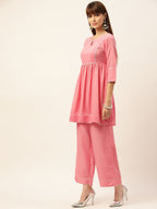 Sangria Peach-Coloured Zari Gotta Patti Pleated A-Line Pure Cotton Kurti With Palazzo | Grocsy