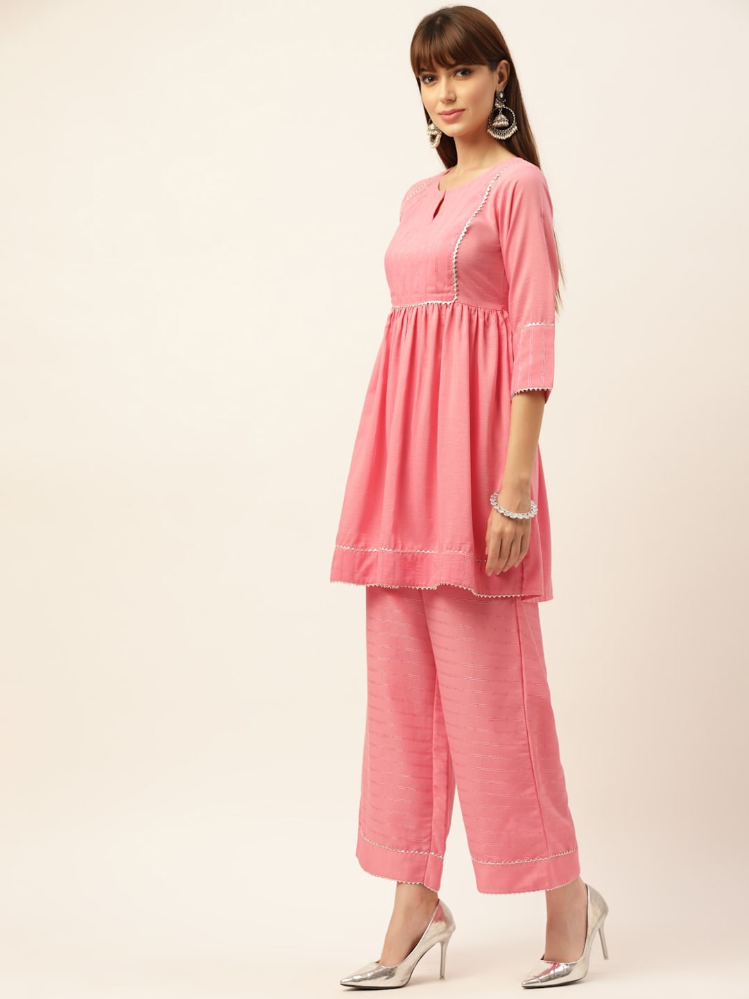 Sangria Peach-Coloured Zari Gotta Patti Pleated A-Line Pure Cotton Kurti With Palazzo | Grocsy