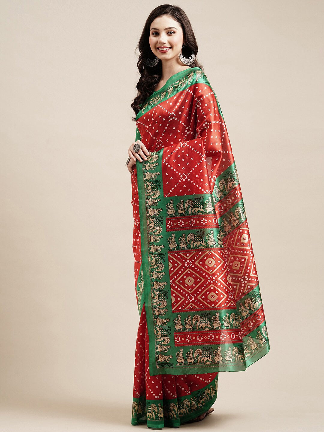 Saree Mall Red & Green Bandhani Printed Saree | Grocsy