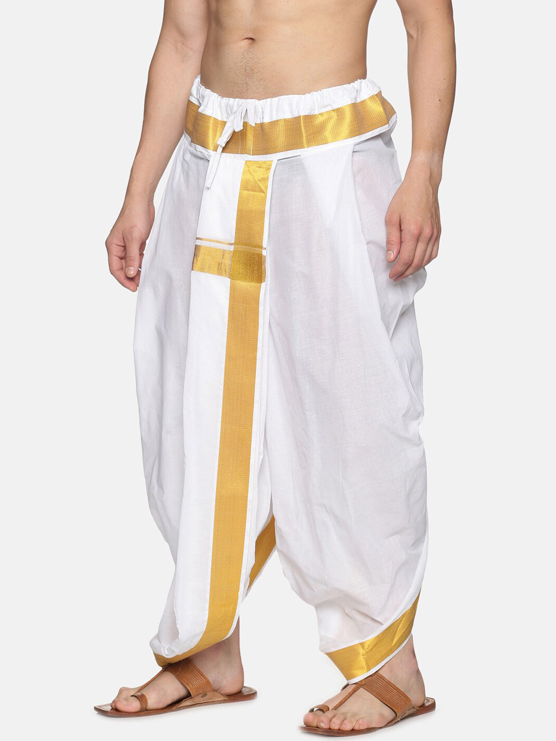 Sethukrishna Men White & Gold-Coloured Solid Readymade Dhoti Pant | Grocsy