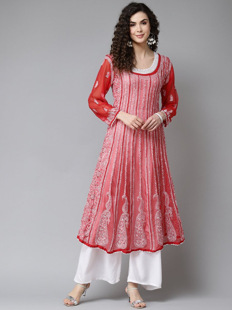ADA Women Red & White Ethnic Motifs Embroidered Chikankari Georgette Kurta | Grocsy