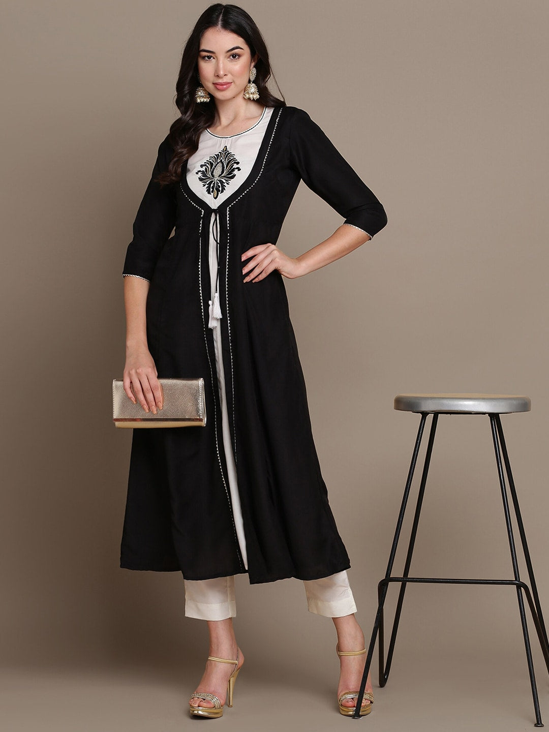 HERE&NOW Ethnic Motifs Embroidered Layered A-Line Cotton Kurta | Grocsy