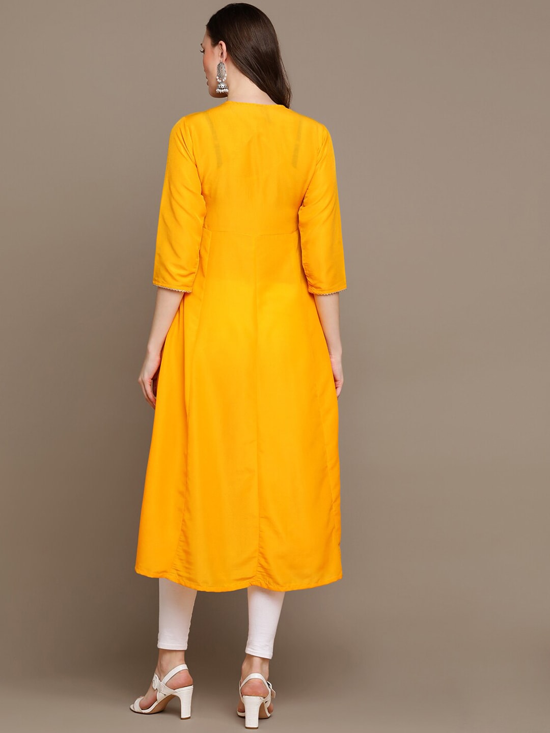 HERE&NOW Round Neck Embroidered Yoke Design Gotta Patti Layered Pure Cotton A-Line Kurta | Grocsy