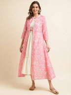 White Cotton Solid Flared Dress with Printed Shrug - Yukti | Grocsy