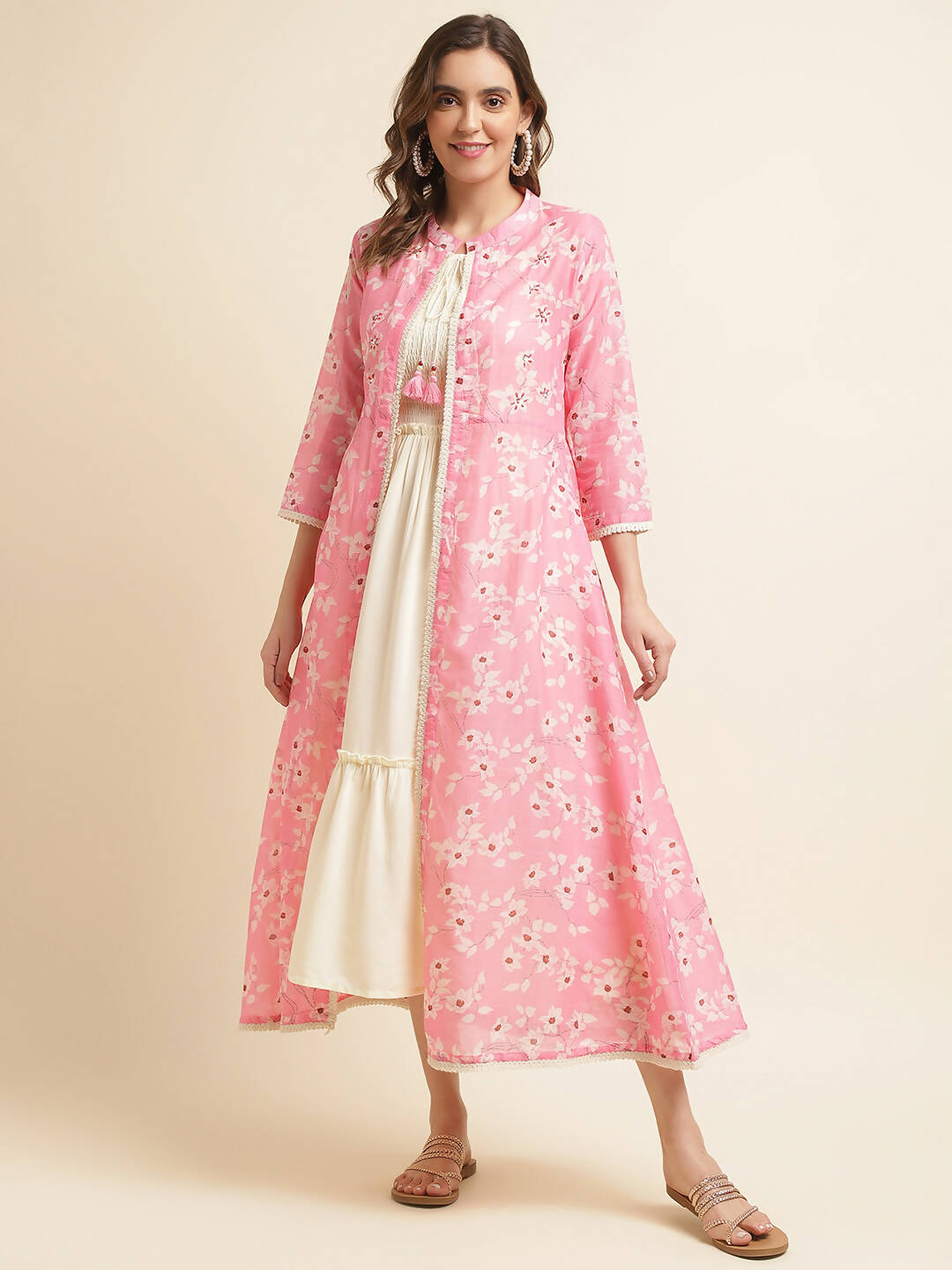 White Cotton Solid Flared Dress with Printed Shrug - Yukti | Grocsy