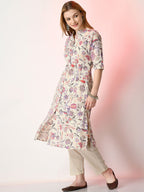 Sangria Off White Floral Printed Mandarin Collar Cotton A-Line Kurta | Grocsy