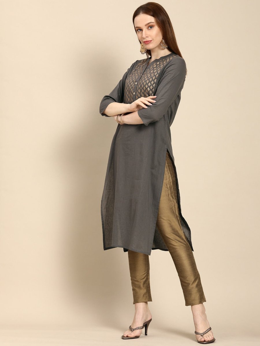 All About You Women Grey Ethnic Motifs Yoke Design Pure Cotton Kurta | Grocsy