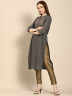 All About You Women Grey Ethnic Motifs Yoke Design Pure Cotton Kurta | Grocsy