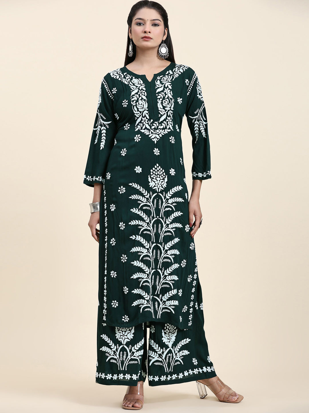 HOUSE OF KARI Floral Embroidered Chikankari Pure Cotton Straight Kurta With Palazzo | Grocsy