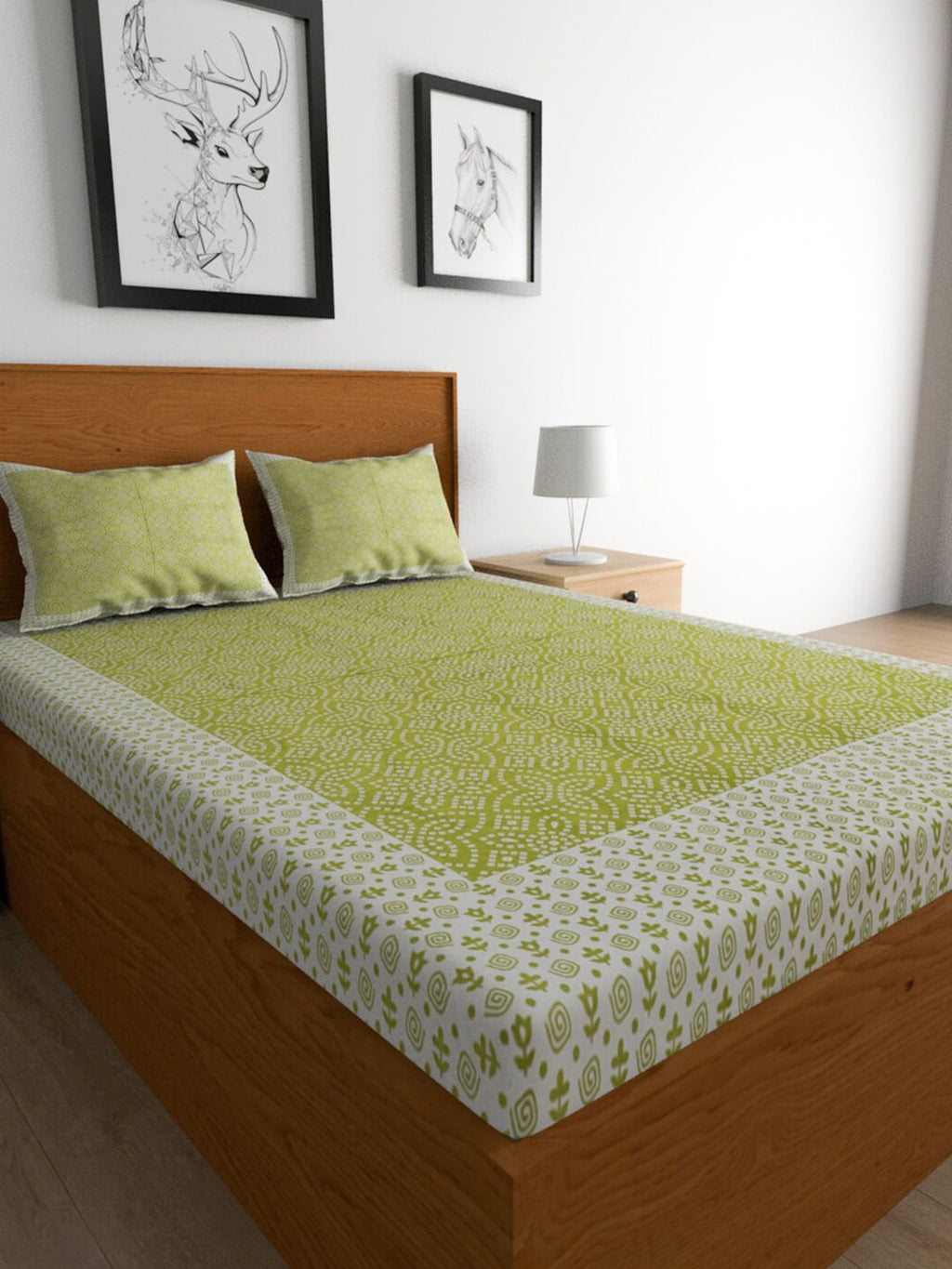 Urban Magic Green & White Ethnic Motifs Cotton 104 TC Queen Bedsheet with 2 Pillow Covers | Grocsy