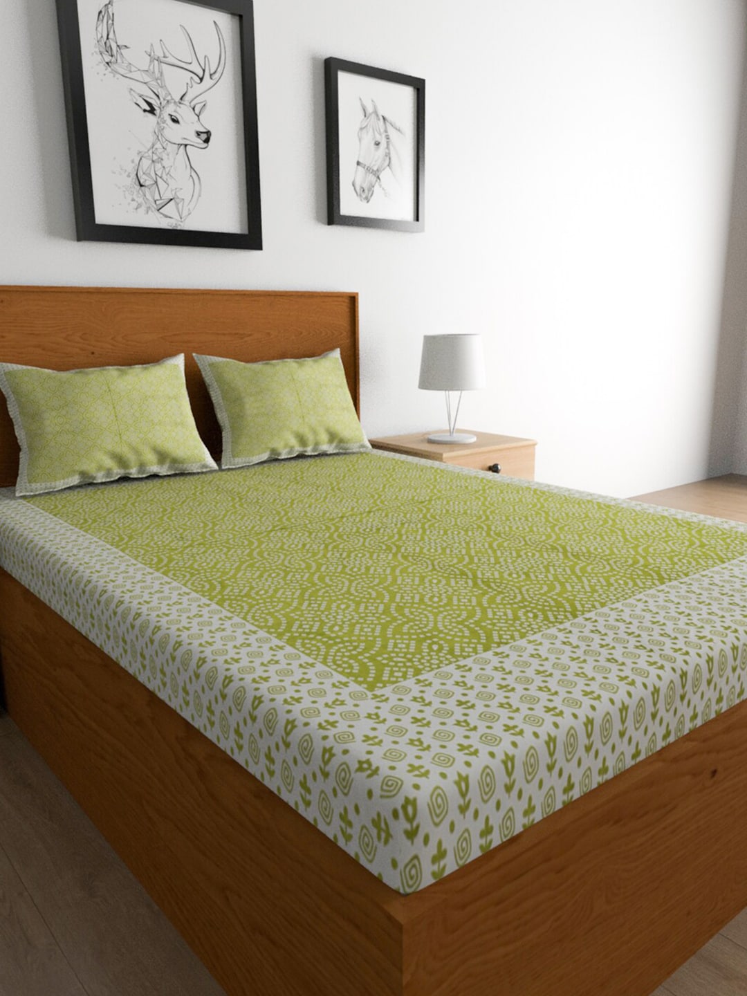 Urban Magic Green & White Ethnic Motifs Cotton 104 TC Queen Bedsheet with 2 Pillow Covers | Grocsy