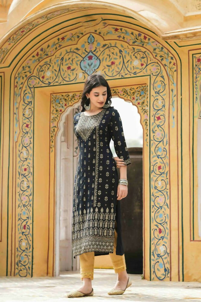 Juniper Black Rayon Festive Printed Straight Kurta For Women | Grocsy