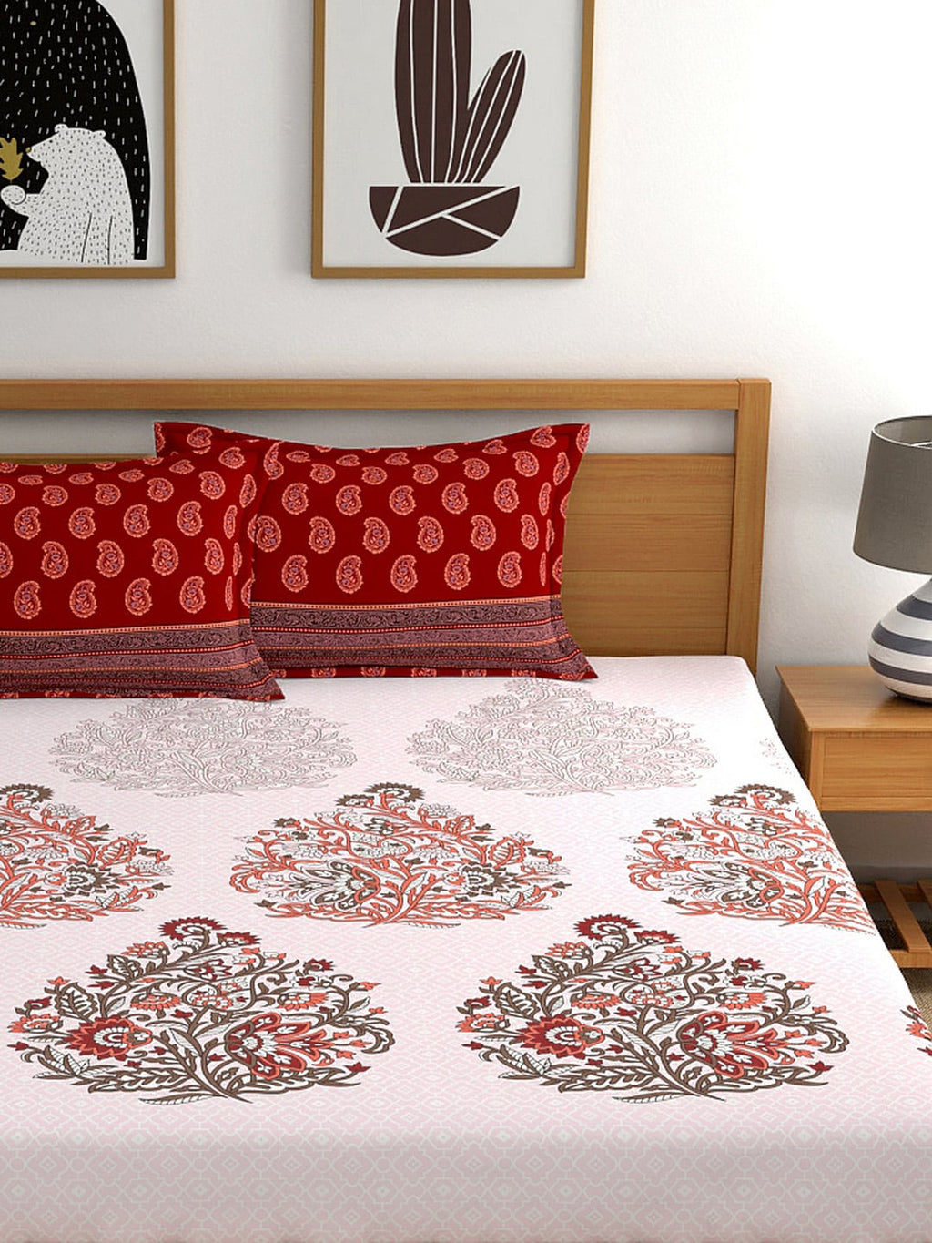 My Room Red & White Ethnic Motifs 140 TC King Bedsheet with 2 Pillow Covers | Grocsy