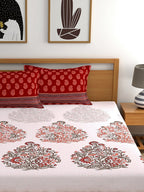 My Room Red & White Ethnic Motifs 140 TC King Bedsheet with 2 Pillow Covers | Grocsy