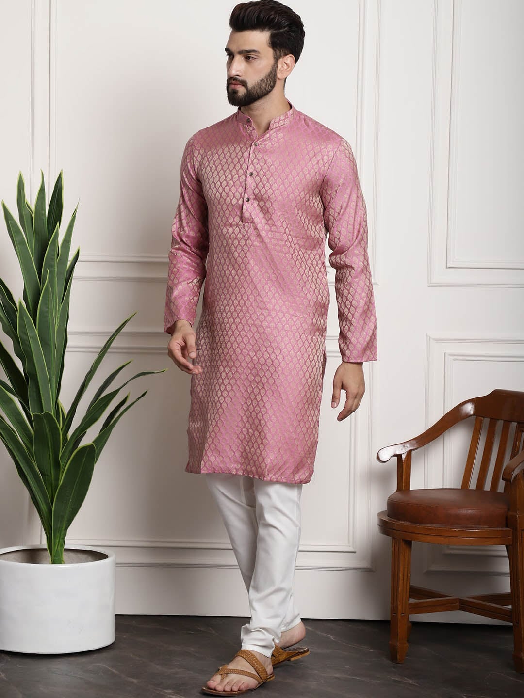 Sojanya Woven Design Mandarin Collar Kurta with Churidar & Nehru Jacket | Grocsy